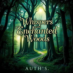 A book cover design featuring an enchanting forest scene, with tall, ancient trees and a magical, ethereal light filtering through the leaves