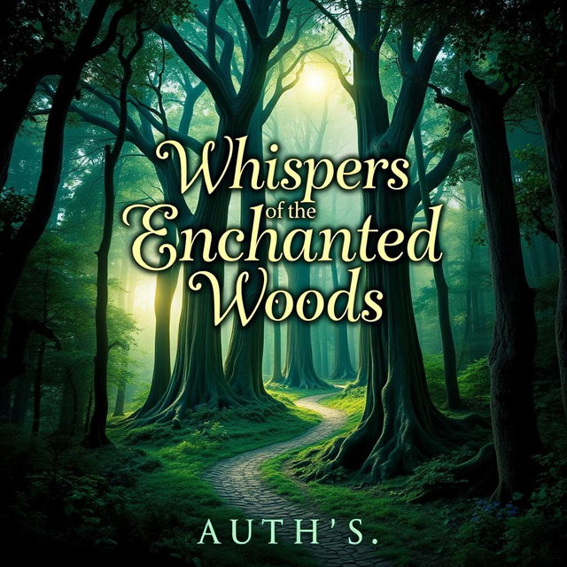 A book cover design featuring an enchanting forest scene, with tall, ancient trees and a magical, ethereal light filtering through the leaves