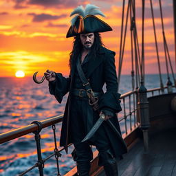 A charismatic and brooding male character resembling Captain Hook from "Once Upon A Time", dressed in a dark, stylish pirate outfit, complete with a long black coat, a tricorn hat adorned with feathers, and leather boots
