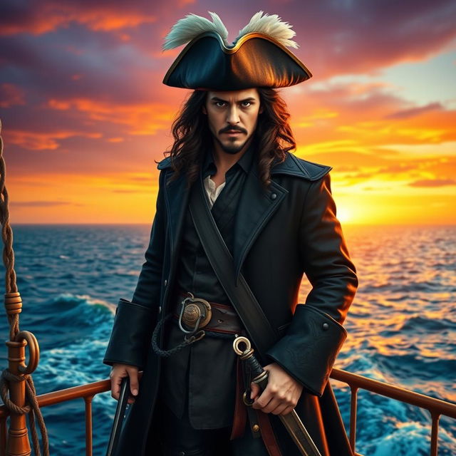 A charismatic and brooding male character resembling Captain Hook from "Once Upon A Time", dressed in a dark, stylish pirate outfit, complete with a long black coat, a tricorn hat adorned with feathers, and leather boots