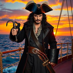 A charismatic and brooding male character resembling Captain Hook from "Once Upon A Time", dressed in a dark, stylish pirate outfit, complete with a long black coat, a tricorn hat adorned with feathers, and leather boots