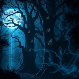 An enchanting scene where a blue moon illuminates a dark, mystical forest, steeped in fantasy and Arabic magic