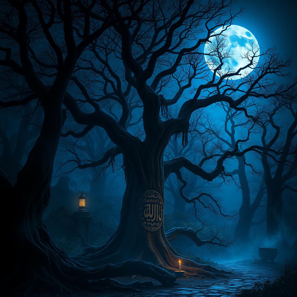 An enchanting scene where a blue moon illuminates a dark, mystical forest, steeped in fantasy and Arabic magic