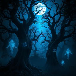 An enchanting scene where a blue moon illuminates a dark, mystical forest, steeped in fantasy and Arabic magic