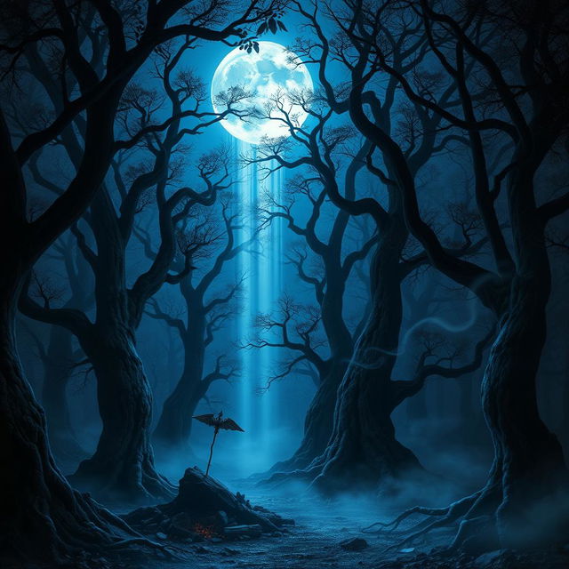 An enchanting scene where a blue moon illuminates a dark, mystical forest, steeped in fantasy and Arabic magic