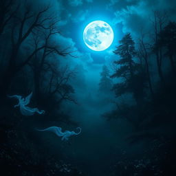 An enchanting yet eerie scene under a luminous blue moon, illuminating a dark, enchanted forest alive with fantastical elements