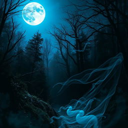 An enchanting yet eerie scene under a luminous blue moon, illuminating a dark, enchanted forest alive with fantastical elements