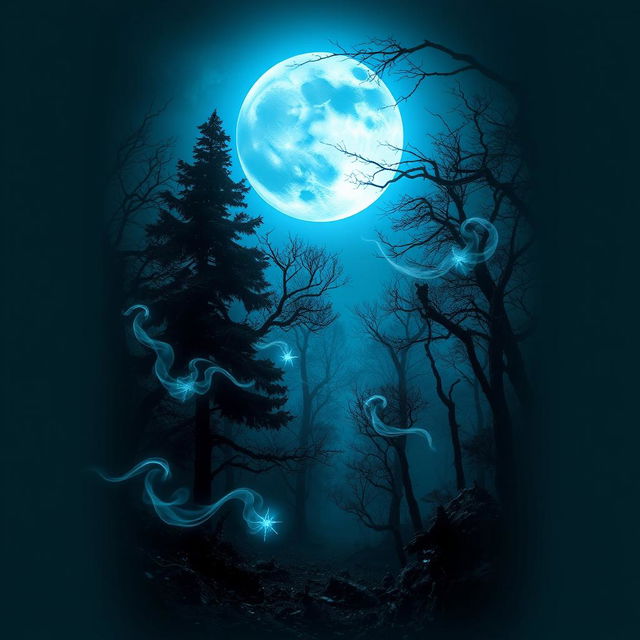 An enchanting yet eerie scene under a luminous blue moon, illuminating a dark, enchanted forest alive with fantastical elements