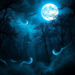 An enchanting yet eerie scene under a luminous blue moon, illuminating a dark, enchanted forest alive with fantastical elements