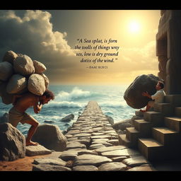 An inspiring scene depicting a person struggling with a heavy burden on their left side, made up of multiple large rocks, symbolizing life’s challenges