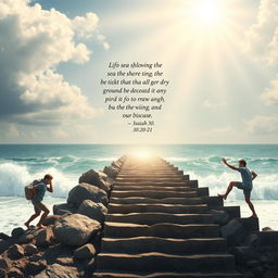 An inspiring scene depicting a person struggling with a heavy burden on their left side, made up of multiple large rocks, symbolizing life’s challenges