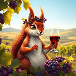 A beautiful French squirrel goddess, personifying the spirit of wine, elegantly seated in a lush vineyard