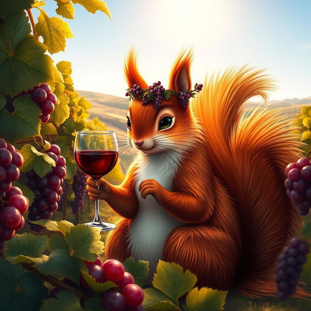 A beautiful French squirrel goddess, personifying the spirit of wine, elegantly seated in a lush vineyard