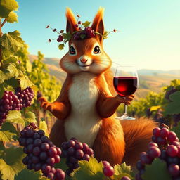 A beautiful French squirrel goddess, personifying the spirit of wine, elegantly seated in a lush vineyard