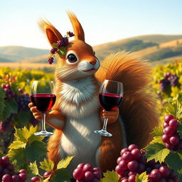 A beautiful French squirrel goddess, personifying the spirit of wine, elegantly seated in a lush vineyard