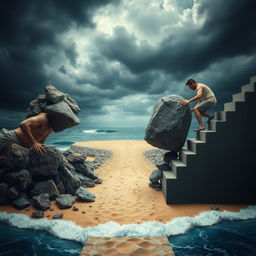A scene depicting a person's struggle, with a heavy burden of multiple rocks on their left side