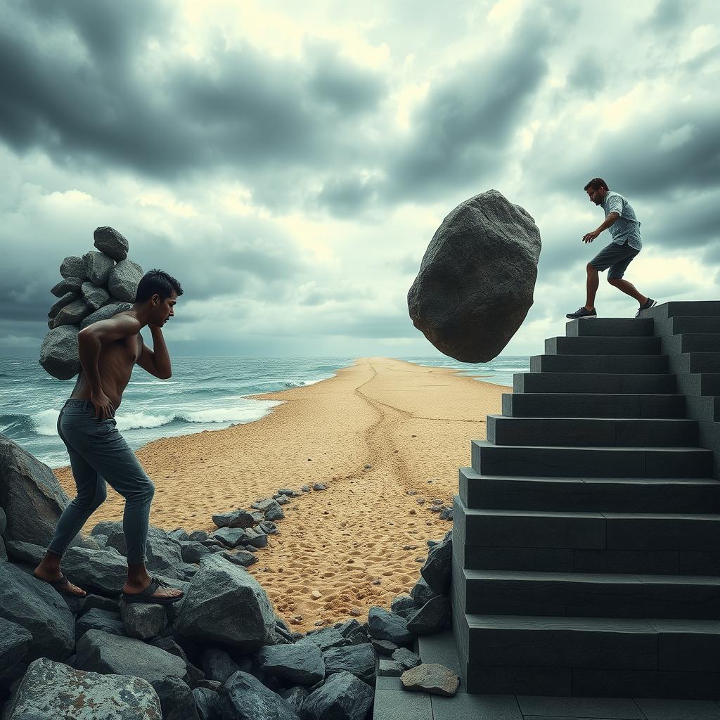 A scene depicting a person's struggle, with a heavy burden of multiple rocks on their left side