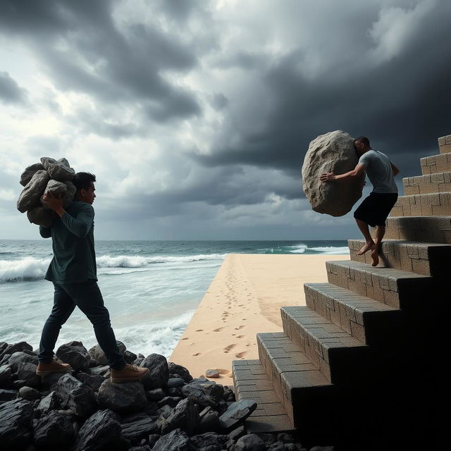 A scene depicting a person's struggle, with a heavy burden of multiple rocks on their left side