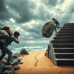 A scene depicting a person's struggle, with a heavy burden of multiple rocks on their left side