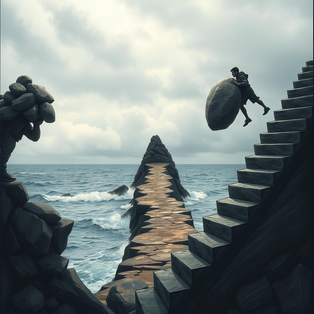 A poignant scene illustrating a person's struggle, depicted on the left side carrying a heavy burden of multiple rocks, showcasing their effort and determination