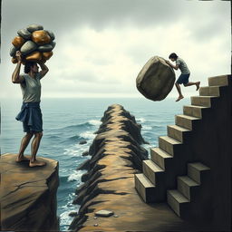 A poignant scene illustrating a person's struggle, depicted on the left side carrying a heavy burden of multiple rocks, showcasing their effort and determination