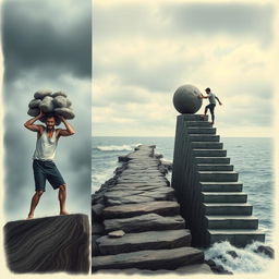 A poignant scene illustrating a person's struggle, depicted on the left side carrying a heavy burden of multiple rocks, showcasing their effort and determination