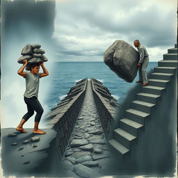 A poignant scene illustrating a person's struggle, depicted on the left side carrying a heavy burden of multiple rocks, showcasing their effort and determination