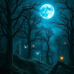 An enchanting yet eerie scene under a luminous blue moon, casting a mystical glow over a dark, enchanted forest filled with fantastical elements