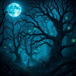 An enchanting yet eerie scene under a luminous blue moon, casting a mystical glow over a dark, enchanted forest filled with fantastical elements