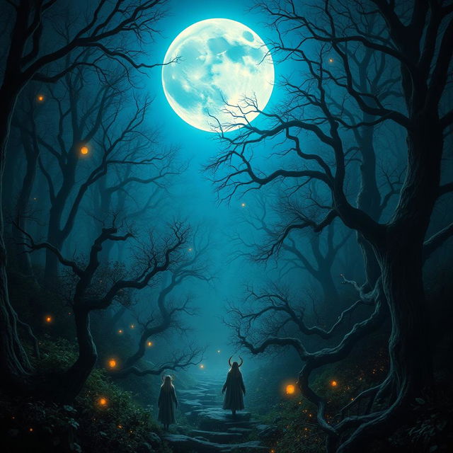 An enchanting yet eerie scene under a luminous blue moon, casting a mystical glow over a dark, enchanted forest filled with fantastical elements