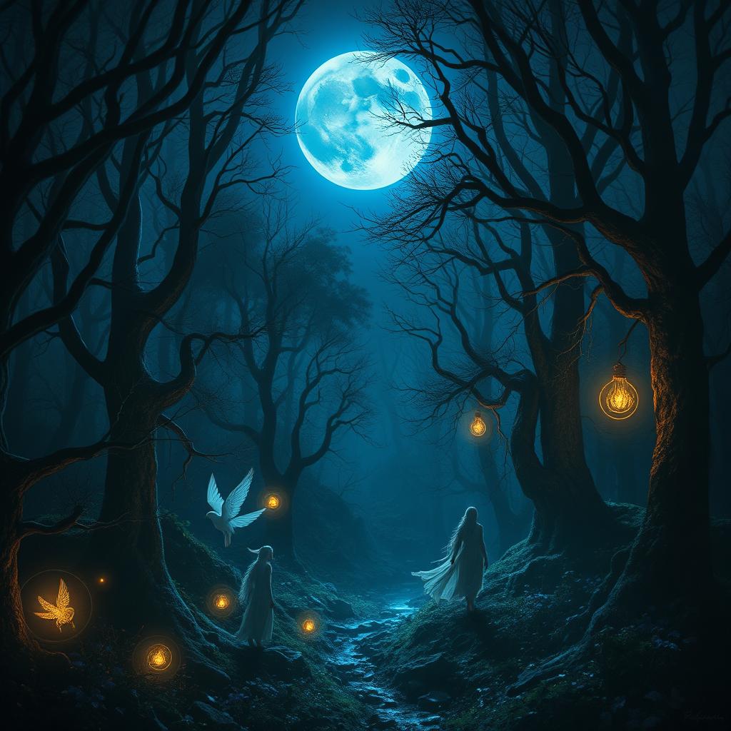 An enchanting yet eerie scene under a luminous blue moon, casting a mystical glow over a dark, enchanted forest filled with fantastical elements