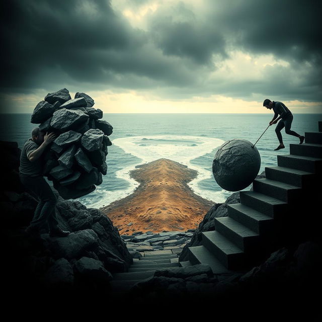 An impactful and thought-provoking scene showcasing a person on the left side struggling to carry a burden of multiple rocks, illustrating their determination and strength