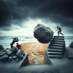 An impactful and thought-provoking scene showcasing a person on the left side struggling to carry a burden of multiple rocks, illustrating their determination and strength