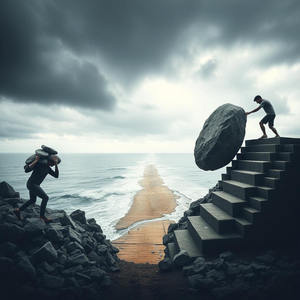 An impactful and thought-provoking scene showcasing a person on the left side struggling to carry a burden of multiple rocks, illustrating their determination and strength