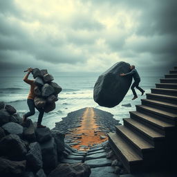 An impactful and thought-provoking scene showcasing a person on the left side struggling to carry a burden of multiple rocks, illustrating their determination and strength