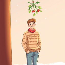 A full body drawing of a young man standing beneath a mistletoe, wearing a festive holiday outfit