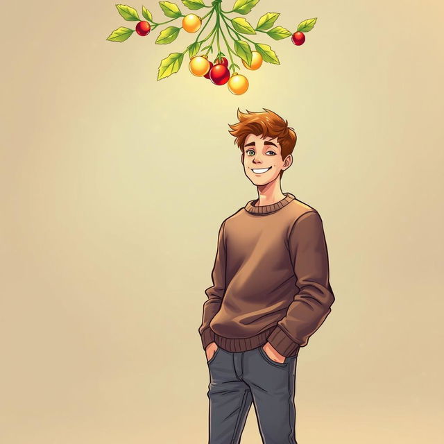 A full body drawing of a young man standing beneath a mistletoe, wearing a festive holiday outfit