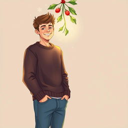 A full body drawing of a young man standing beneath a mistletoe, wearing a festive holiday outfit