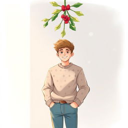 A full body drawing of a young man standing beneath a mistletoe, wearing a festive holiday outfit