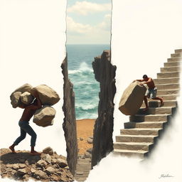 A striking scene depicting a person on the left struggling under the weight of multiple large rocks, illustrating the burden they carry