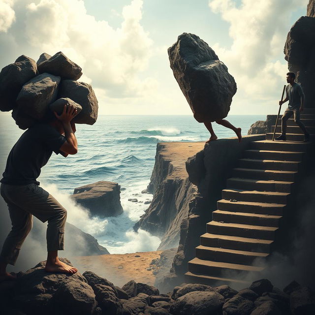 A striking scene depicting a person on the left struggling under the weight of multiple large rocks, illustrating the burden they carry