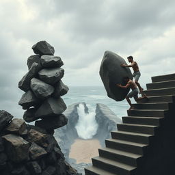 A striking scene depicting a person on the left struggling under the weight of multiple large rocks, illustrating the burden they carry