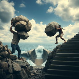 A striking scene depicting a person on the left struggling under the weight of multiple large rocks, illustrating the burden they carry