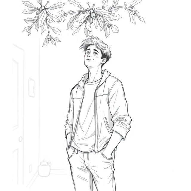 A full-body sketch of a young man standing under mistletoe, capturing a sense of holiday spirit