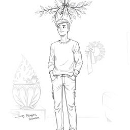 A full-body sketch of a young man standing under mistletoe, capturing a sense of holiday spirit