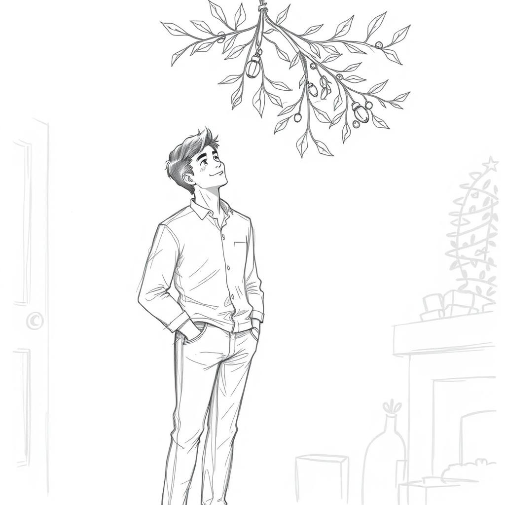 A full-body sketch of a young man standing under mistletoe, capturing a sense of holiday spirit