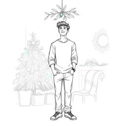 A full-body sketch of a young man standing under mistletoe, capturing a sense of holiday spirit