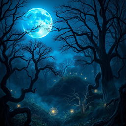 A captivating scene under a brilliant blue moon that casts an enchanting glow over a dark, mystical forest
