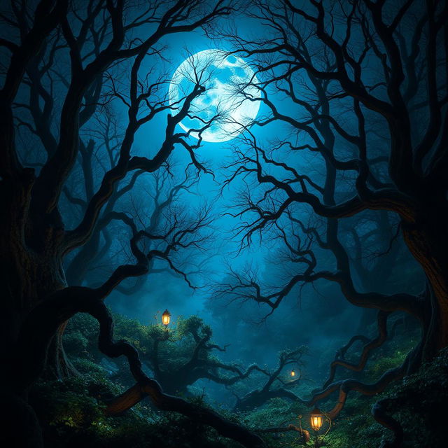 A captivating scene under a brilliant blue moon that casts an enchanting glow over a dark, mystical forest