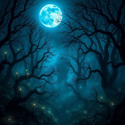A captivating scene under a brilliant blue moon that casts an enchanting glow over a dark, mystical forest